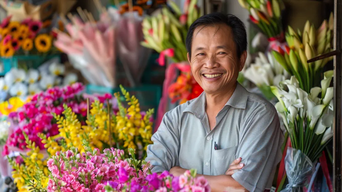 smiling owner of a floral business contemplating social media posts