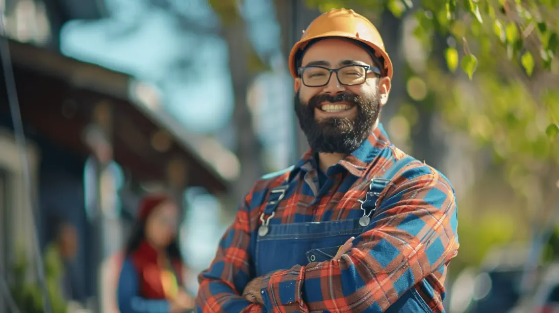 bearded man wearing hard hat thinking about social media goals